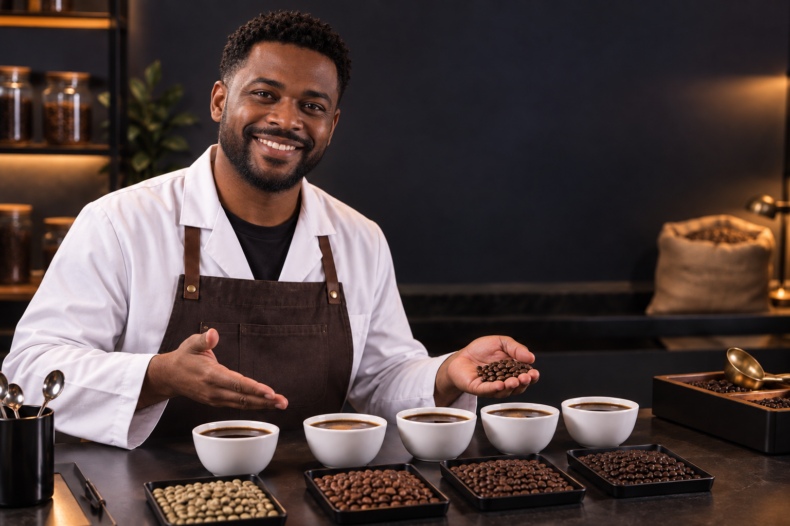 Apresentador de café apontando para amostras em uma mesa de prova