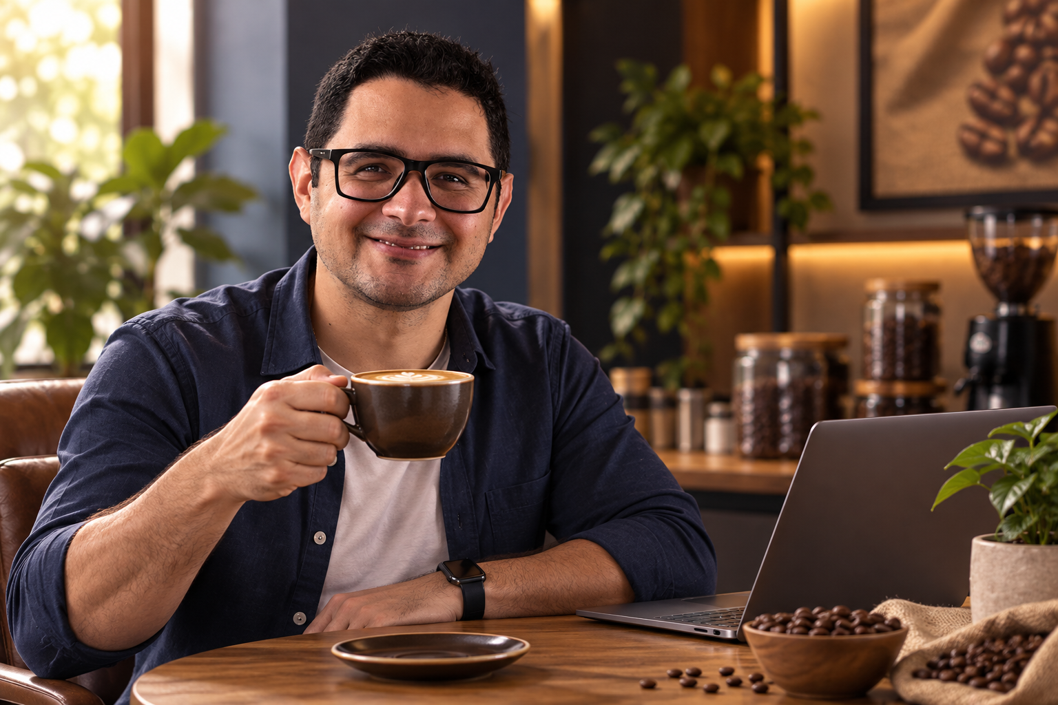 Pedro tomando café e convidando para conversar sobre o Siscoffee