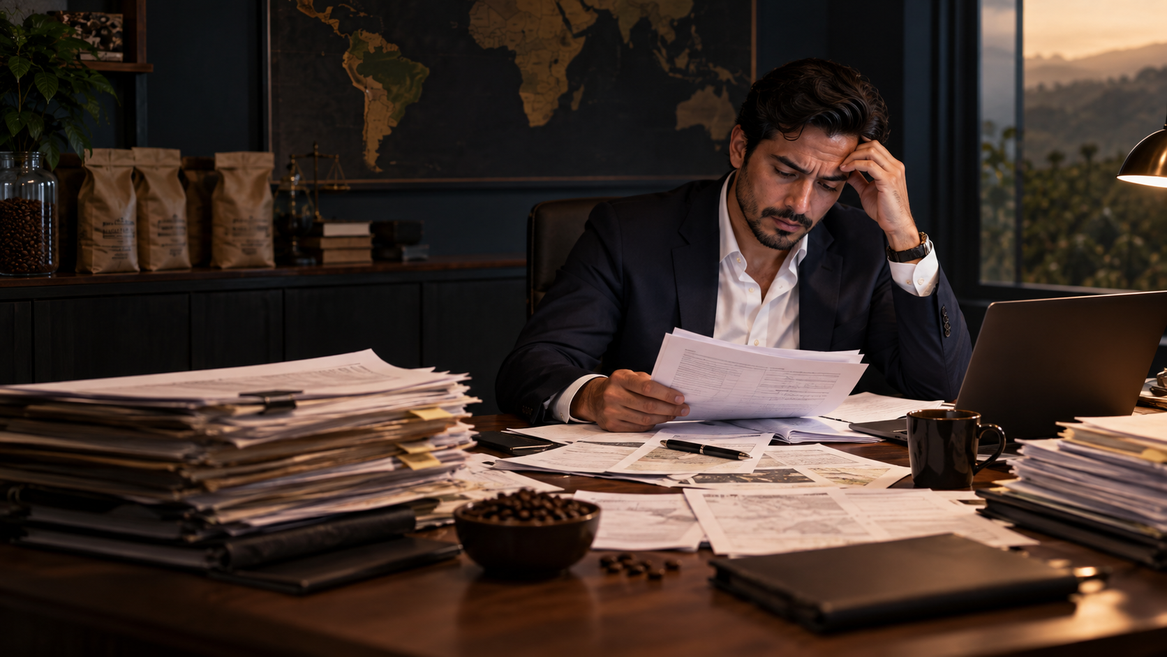 Gestor de café preocupado com pilhas de documentos e contratos