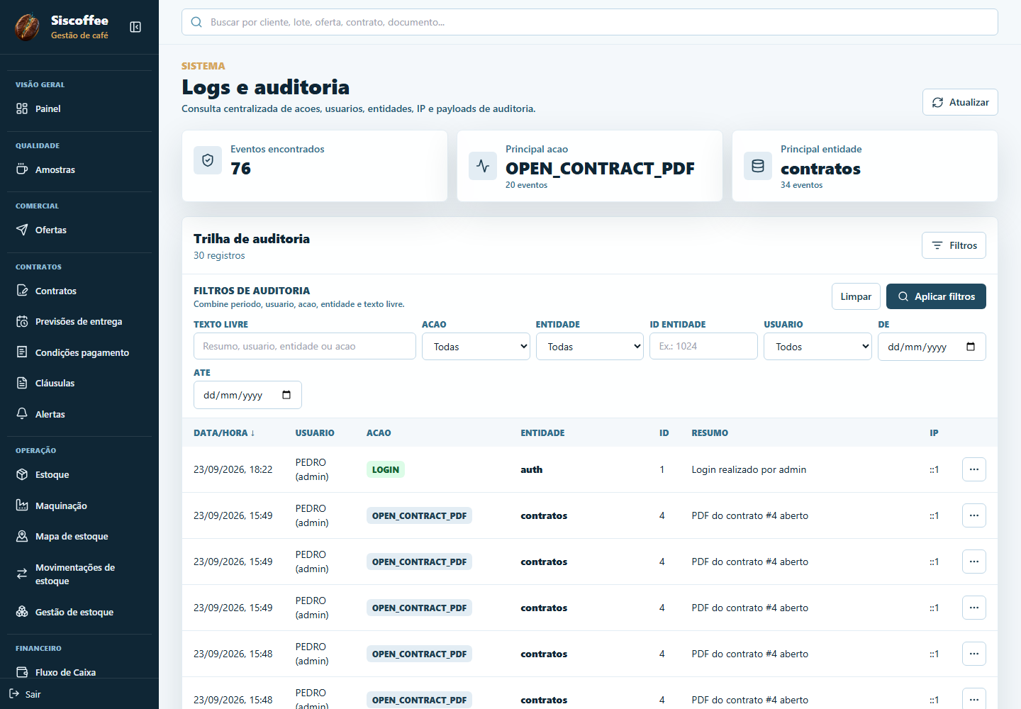 Tela de logs e auditoria do Siscoffee com filtros e eventos recentes